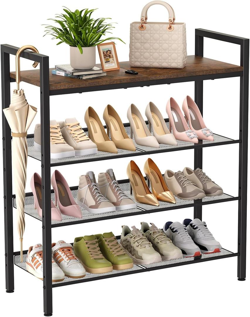 Shoe Rack for Front Door Entrance, 4 Tier Shoe Rack for Entryway, 12-16 Pairs of Shoes, Metal Shoe Rack Organizer, Free Standing Shoe Rack for Closet (Black+Rustic Brown) (4 Tier (11.81"D x 29.33"W x 30.31"H))