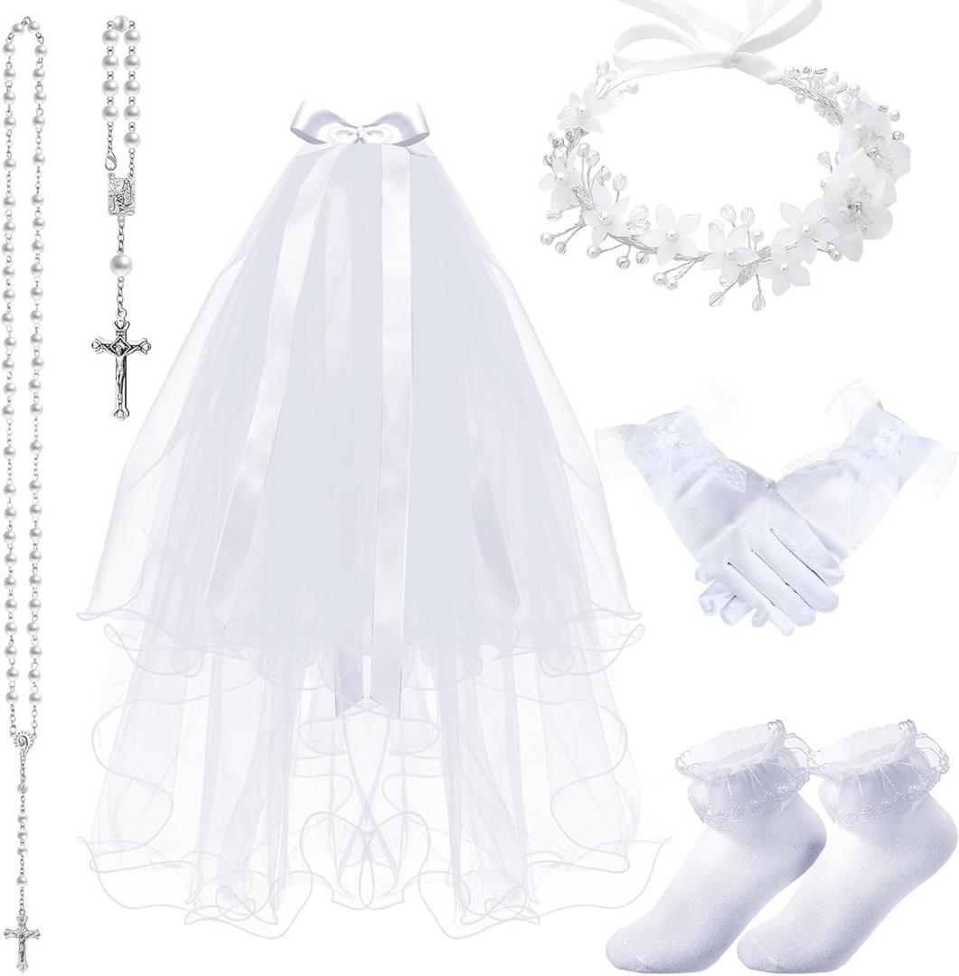 Funtery 6 Pcs First Communion Veils Girls Catholic Set 1st Communion Wreath Veil Headpiece Sock Necklace Bracelet Kid Wedding