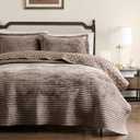 WDCOZY Velvet Queen Size Quilt Set - Beige Striped Soft Lightweight Bedspread, Tan Neutral Channel Farmhouse Country Rustic Coverlet, Taupe Camel Modern Bedding Kakhi Warm Thin Comforter, 3 Pieces