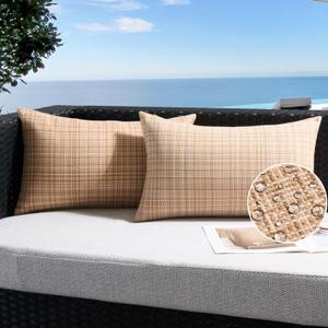 UGASA Outdoor Waterproof Throw Pillow Covers Pack of 2 Patio Water Resistant Pillow Cases Summer Woven Texture Decorative for Outside Garden Porch Yard Bench Tent 12x20 Inch, Beige