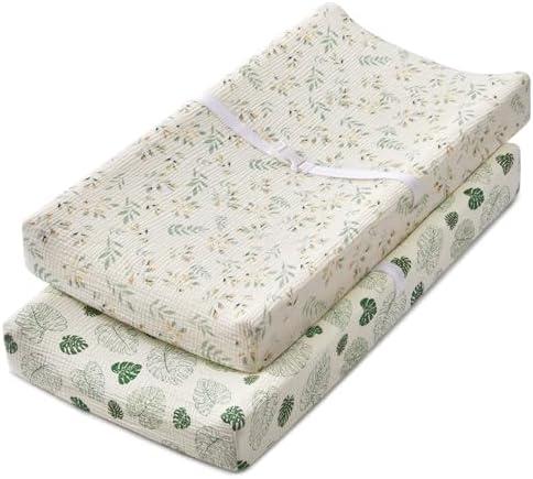 Blissful Diary Muslin Changing Pad Cover for Girls Boys, Ultra Soft Breathable Cotton, Baby Diaper Change Table Pad Covers, 2Pack (Leaf & Monstera Leaves)