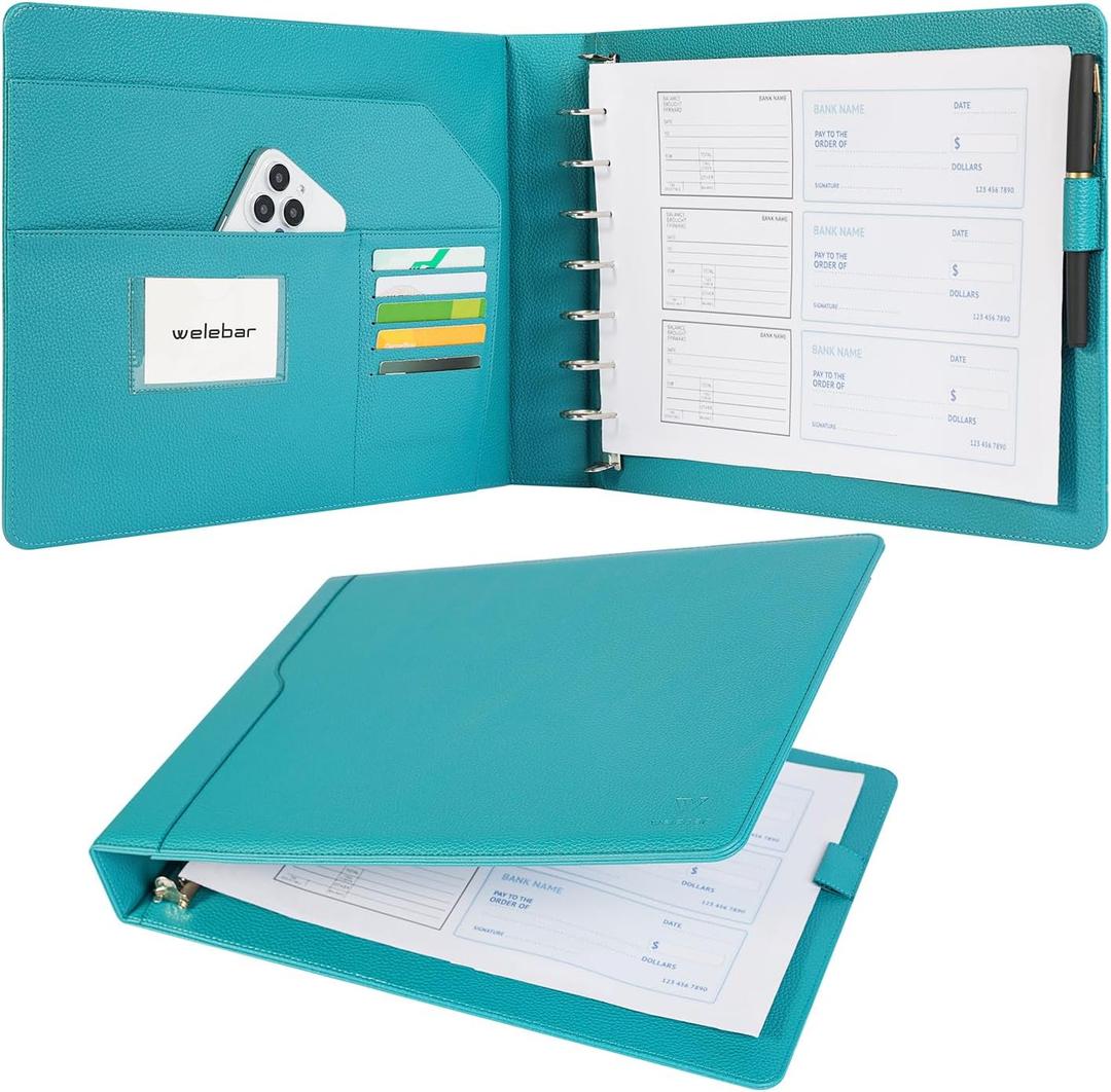 7-Ring Business Check Binder for 9 x 13 Sheets, 600 Checks Capacity PU Leather Portfolio with Storage Organizer & Zippered Pouch for 3-on-a-Page Business Checks