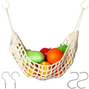 Hanging Fruit Hammock Under Cabinet with Hooks - Fruit and Veggie Basket - Produce Net Hammock - Storage That Saves Counter For More Counter Space at Home. (Off-white-001)