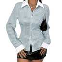 SweatyRocks Women's Striped Button Down Slim Fit Shirt Long Sleeve Collar Work Blouse Tops, Light Blue, Small