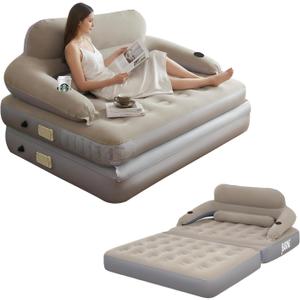 Blow Up Couch Air Mattress Queen with Built in Pump, 2-in-1 Air Sofa & Inflatable Mattress, AirBed Blow Up Mattress with Headboard & Cupholder, Inflatable Couch for Camping, Movie Night, Guest