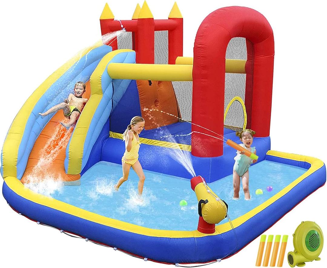 JOYLDIAS Inflatable Water Slide Bounce House,Slide Bouncer Castle Playhouse w/Splash Pool,Jump Area, Climbing Wall,Basketball Hoop,450W Air Blower for Kids Backyard Indoor Outdoor Use,Free Water Gun, 145.7" X 141.7" X 90.6"