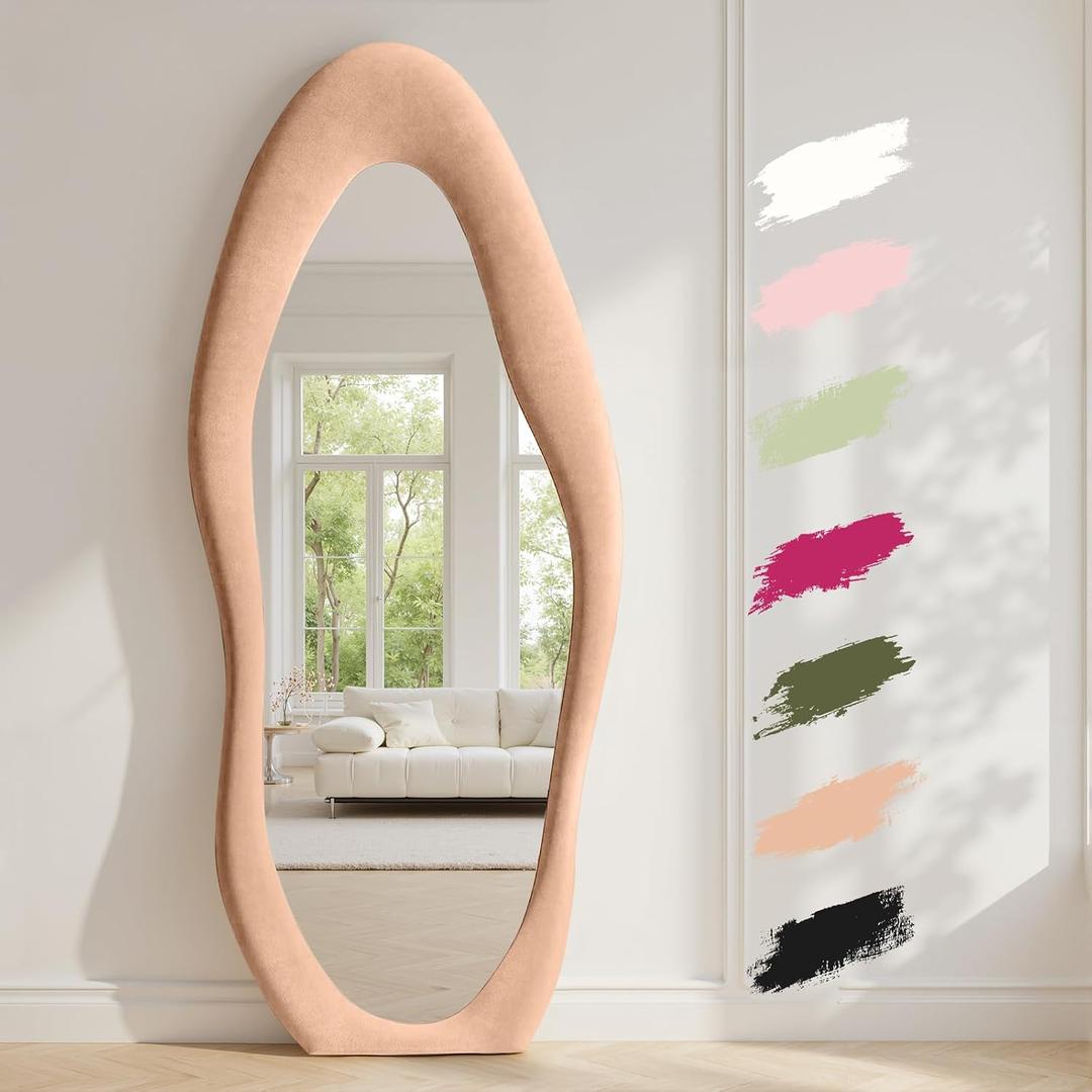 Anpark Full Length Mirror, 71"x 30" Wall Mirror, Flannel Wrapped Wooden Frame Floor Mirror, Irregular Wavy Hanging or Leaning for Bedroom Living Room Cloakroom, Milk Tea