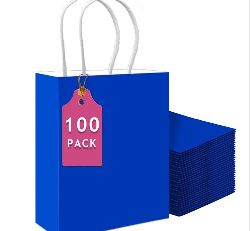 qiqee 100PCS Gift Bag with Handles Bulk Diamond Blue Paper Bags Multiple Uses (13''x5 x10 inch Large Size)