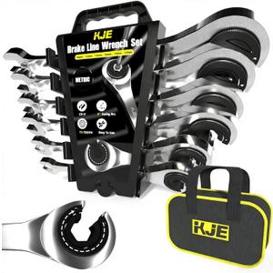 KJE 6PCS Metric 10-17mm Ratcheting Flare Nut Wrench, Brake Line Wrench Set, Ratcheting open end Tubing Wrench Set, 72-Tooth, CR-V, for Nuts on Fuel, Brake or Air Conditioning Lines, Gifts for Men