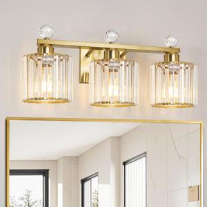 Modern Crystal Bathroom Vanity Light, Gold Bathroom Lighting Fixture, Crystal Brass Vanity Light Fixture Over Mirror, Bath Wall Mounted Lighting for Bedroom, Living Room (3 light-Round)