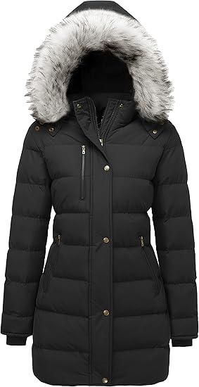 Women's Winter Warm Puffer Coat Parka Jacket with Faux Fur Removable Hood, L