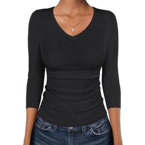 ANRABESS 3/4 Sleeve Shirts for Women V Neck Ribbed Knit Slim Fitted Tops Basic Tshirt 2026 Summer Casual Tees Trendy Outfits (Black, M)