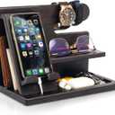 TESLYAR Wood Phone Docking Station for Men - Desktop or Nightstand Organizer - Birthday Gifts for Men, Dad - Anniversary Idea from Wife - Key Holder, Stand Wallet, Watch & Essentials (Black)