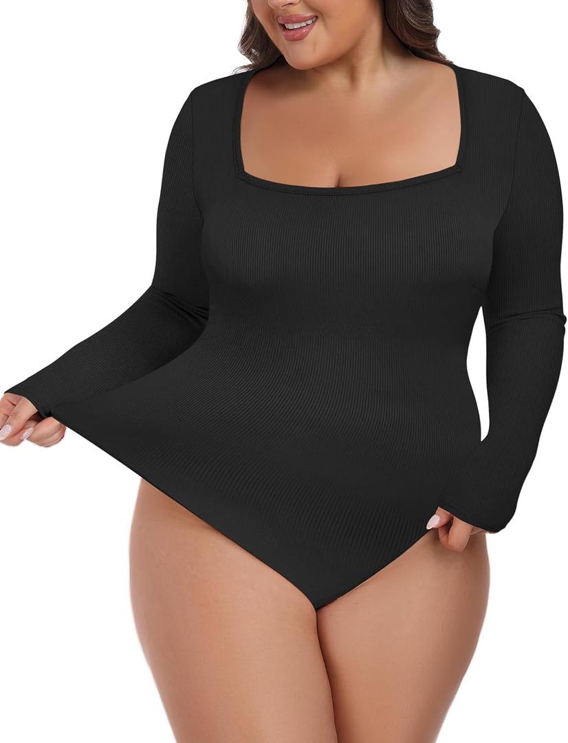 FOREYOND Plus Size Bodysuits for Women Long Sleeve Bodysuit (4X-Large, Black)