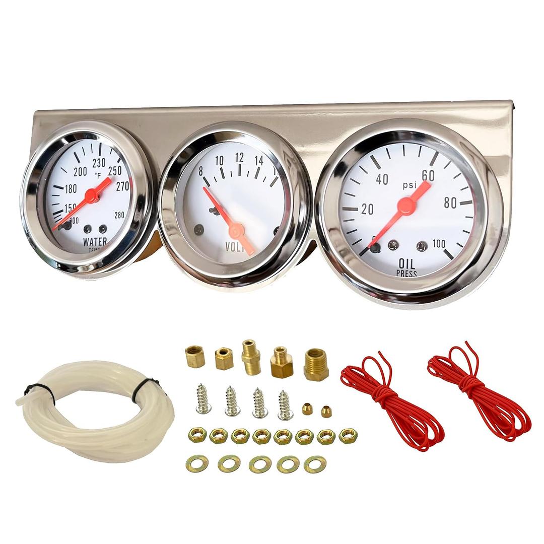 252mm 3 in 1 Triple Gauge kit Volt Meter Water Temp Temperature Gauge Oil Press Pressure Gauge