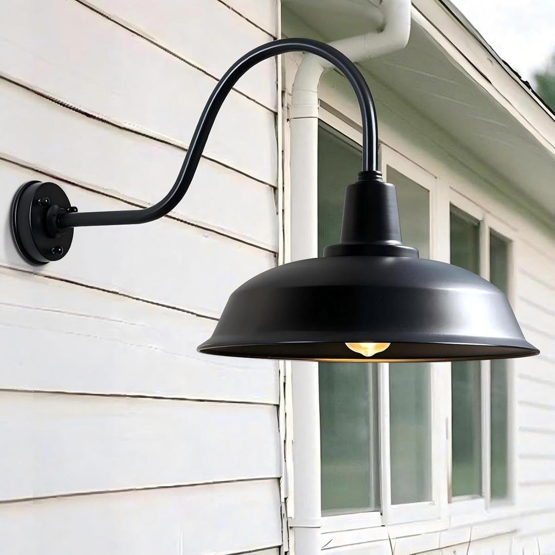 18 Inch Gooseneck Barn Light Outdoor, Large Matte Black Industrial Farmhouse Wall Light for Garage and Patio, ETL Listed, Weather-Resistant, E26 Base