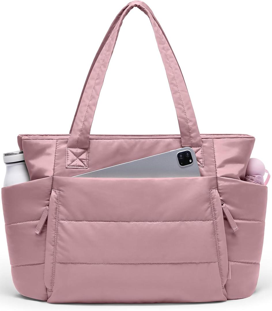 Tote Bag for Women with Zipper, Quilted Puffer Tote Bag with Compartments, Lightweight Puffy Work Bags for Women Travel (Mauve Pink)