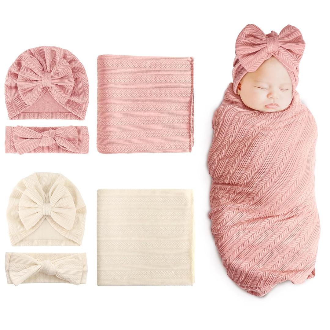 DRESHOW BQUBO Newborn Receiving Blanket Headband Hat Set for Baby, Unisex Baby Boys Girls Essentials, Newborn Registry Must Haves, Stroller Crib Shower Gifts (2 Sets: Hat + Hairband + Blanket (Pink + Beige))