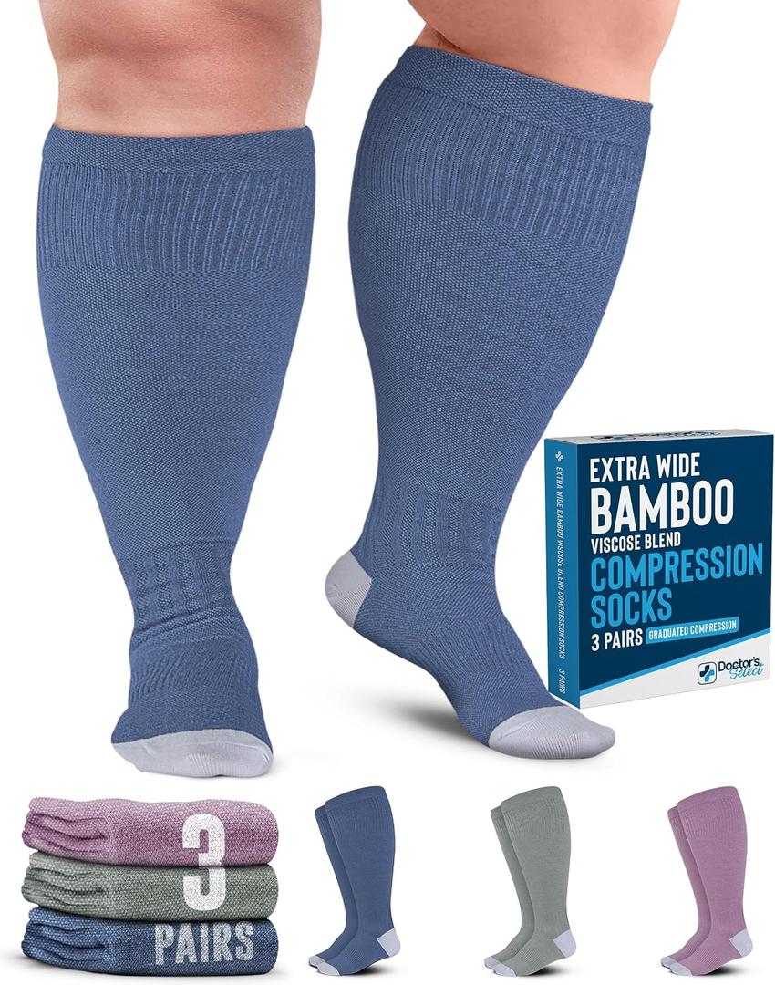 Doctor's Select 3 Pairs Plus Size Compression Socks Wide Calf - Bamboo Viscose Knee High Socks | Circulation Support