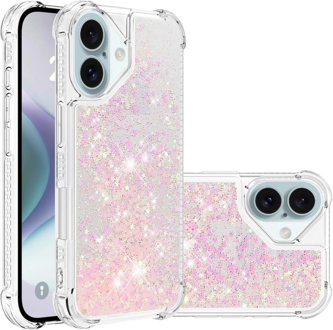 Case for iPhone 16 Plus Case Glitter Liquid Cute Clear,Sparkle Floating Quicksand Shockproof Protective Bumper Soft TPU Phone Case for iPhone 16 Plus 6.7 inch Star Pink YB