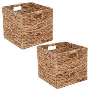 Set of 2 Storage Baskets Wicker Cube Baskets Foldable Handwoven Water Hyacinth Laundry Organizer,10.5 * 10.5 inches Woven Baskets, Wicker Storage Basket, Water Hyacinth Storage Baskets