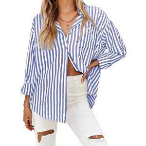 HOTOUCH Women's Striped Button Down Shirts Casual Long Sleeve Boyfriend Loose Collared Blouses Tops (Medium, Blue White)
