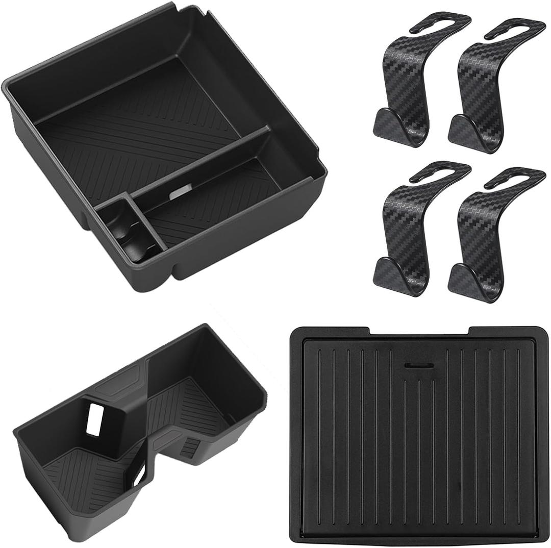 7 PCS Center Console Organizer for 2025 2026 Toyota 4Runner ( 6th Gen) Accessories , Armrest Storage Box with Anti-slip Mat + Drink Cup Holder Inserts Tray + 4 Pack Seat Headrest Hook 7 in 1 Set