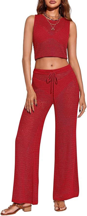 Saodimallsu Womens 2 Piece Crochet Swimsuit Cover Up Sleeveless Crop Top Drawstring Long Pants Set Beach Outfits, Small