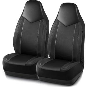 PIC AUTO Leather Car Seat Covers, Sports Carbon Fiber & Mesh Design, High-Back Two Front Set, Waterproof Automotive Seat Covers, Airbag Compatible, Universal Fit for Most Cars (Black & Black)