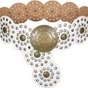 LEACOOLKEY Women's Boho Disc Belt Wide Western Leather Belt Vintage Concho Waist Belts for Dress Jeans