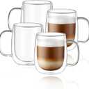 CNGLASS Glass Coffee Mugs 12oz,Double Wall Insulated Mug Set with Handle,Clear Glass Espresso Mugs for Latte,Cappuccino,Tea Bag,Hot and Cold Beverages, Set of 4
