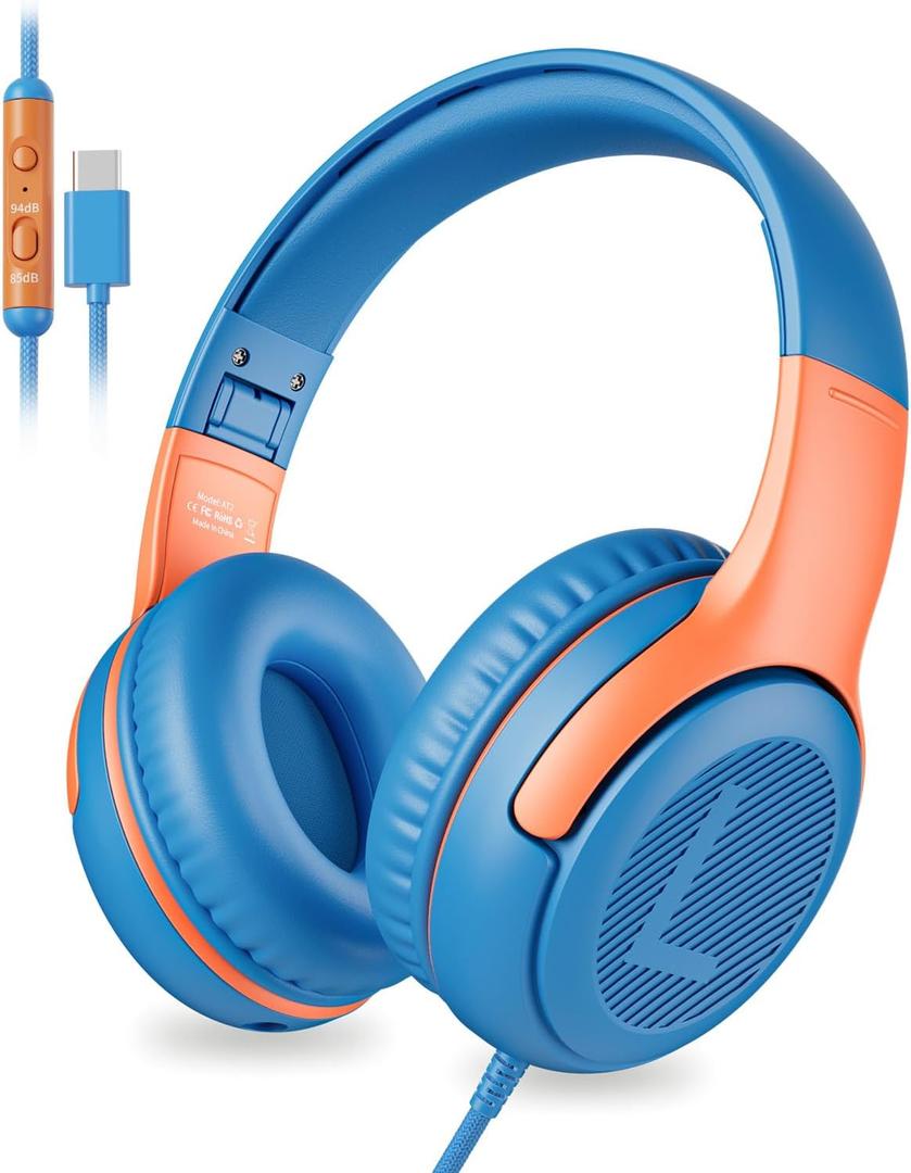 awatrue USB-C Kids Headphones with Mic - 85/94dB Volume Limiter, Foldable Wired Toddler Headphones for Boys & Girls, Over-Ear Type-C Kid Headphones for School, Travel, lPad, Tablet & Smartphones (USBC Blue Orange)