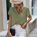 PRETTYGARDEN Short Sleeve Tops for Women 2026 Summer V Neck Western Chiffon Button Down Shirts Dressy Casual Work Blouses, Small