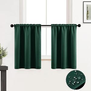 XTMYI Dark Green Curtains for Bathroom Window, Short Blackout Waterproof Christmas Kitchen Window Curtains 36 Inch Length, Emerald Hunter Green