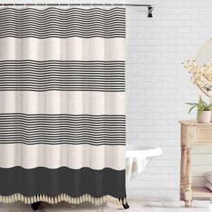 bufftieo Black Shower Curtain for Bathroom Boho Linen Farmhouse Tassel Shower Curtain Set 72" x 84"