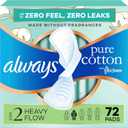 Always Pure Cotton Feminine Pads for Women, FlexFoam Pads with Wings, Size 2, Heavy Absorbency, Unscented, 72 Count (3 Packs of 24)