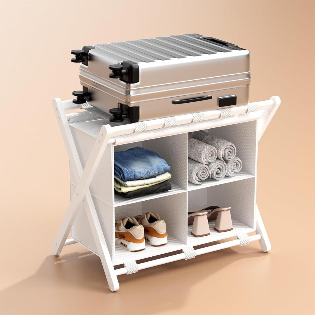 White Bamboo Luggage Rack with 4 Storage Compartments Foldable Suitcase Stand, Luggage Rack for Guest Room , 150lbs Capacity, Sturdy,