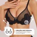 Minimizer Bras for Women, Sexy Lace Unlined Underwire Bra Full Coverage Push Up Sheer Mesh Plus Size Lifting Bra Black (Black)