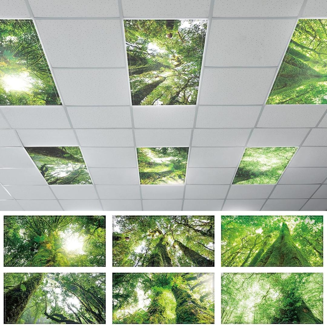 6 Pcs Fluorescent Light Covers with 60 Magnets Decorative for Classroom Ceiling Lights 4 x 2 Feet Magnetic Light Cover Filter Easy Install for Office Hospital Home Ceiling Supplies (Rainforest)