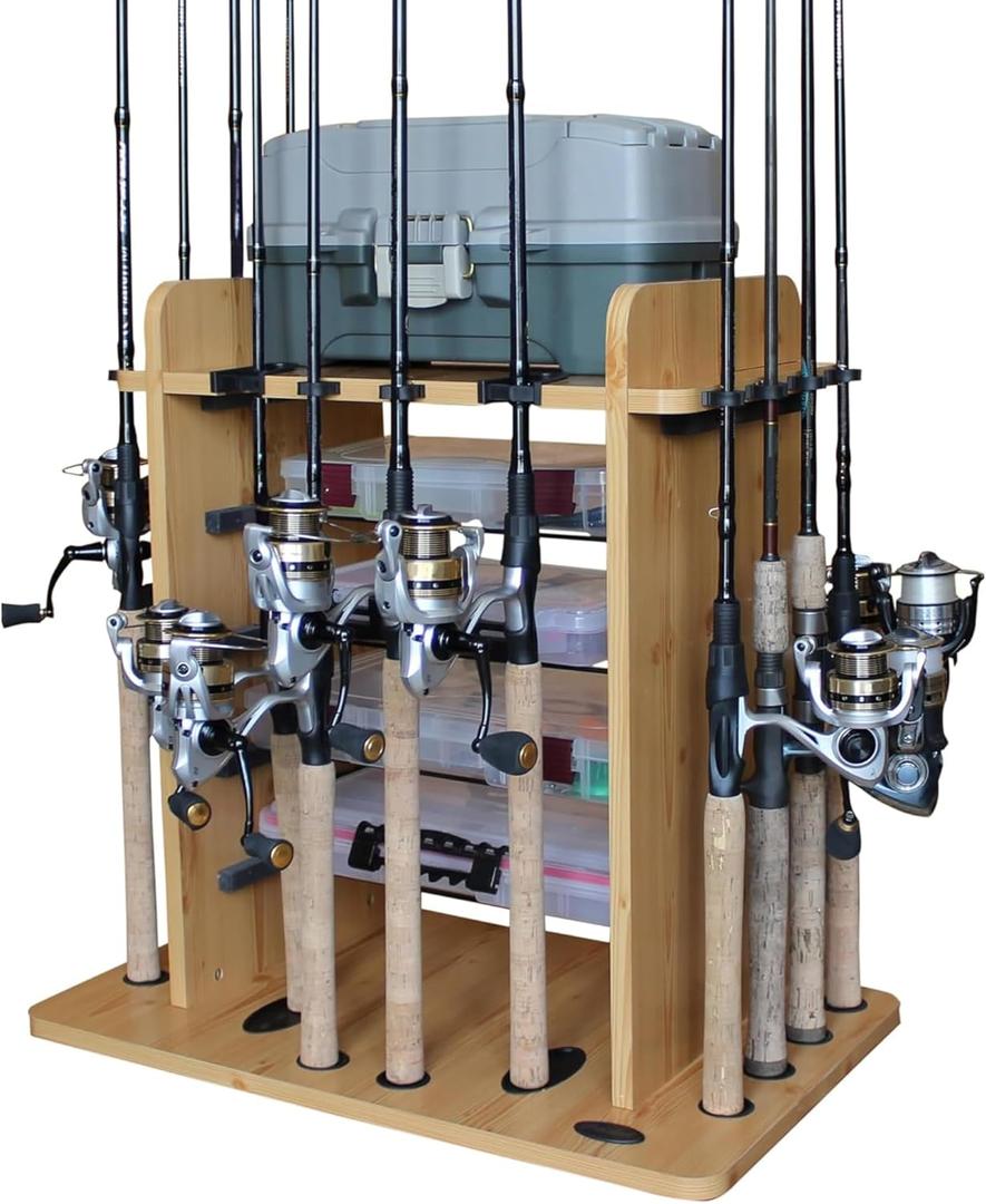 Rush Creek Creations Fishing Rod Holder for 14 Saltwater/Freshwater Rods, Fishing Pole Holder w/ up to 4 Fishing Gear Tackle Box Storage for Garage Organization/Boat Storage for Fishing Accessories