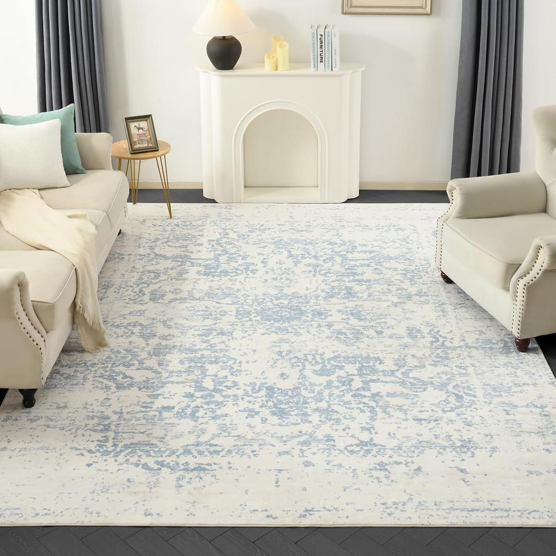 DEAXLife Washable Area Rug for Living Room - Stain Resistant Urtla Thin Rugs with Non Slip Rubber Backing - Indoor Floor Carpet for Dining Room Home Office Dorm (Blue/White, 8x10 Feet)