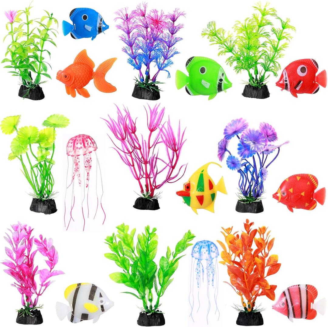 Chunyin Fish Tank Decorations, Artificial Aquatic Plants and Artificial Fishes Floating Decorations for Small Aquarium, Plastic Fake Fish, Jellyfish,Goldfish(25 Pcs)