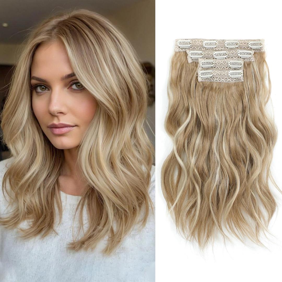 Clip In Hair Extensions, 14in Short Wavy Curly Clip Ins, Blonde Synthetic Beach Wavy Hair Extensions, 4pcs Invisible Lace Weft Hairpieces (Buttery Blonde with Highlights)