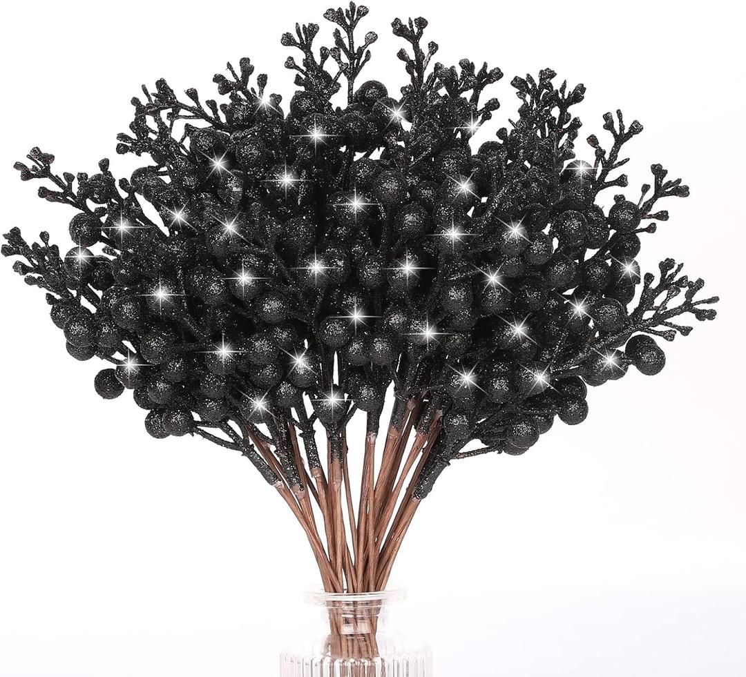 HOHOTIME 36Pcs Christmas Halloween Black Glitter Berry Stems Ornaments, 9.5 Inch Artificial Christmas Tree Picks for Xmas Tree Garland Wreath Vase Decorations DIY Home Decor(Black)