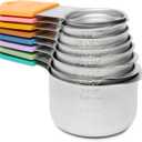 Chef Pomodoro Stainless Steel Measuring Cup Set, Nested and Stackable, Sturdy Extra-long Handles with Lasered Markings and Sorting Ring (8-Piece Set (Magnetic))