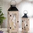 TIMRIS Large Wooden Candle Lanterns Decorative Set of 2, Rustic Farmhouse Whitewash Floor Lanterns, Indoor/Outdoor Hanging Lanterns for Home Decor (No Glass)