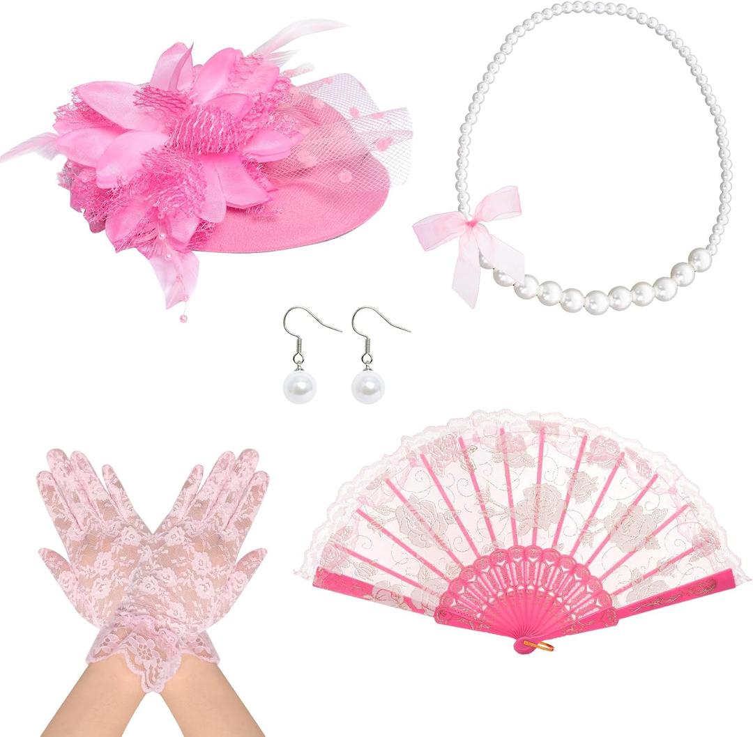 Fumwase 5 Pcs Tea Party Supplies Garden Party Gloves Hats Necklace Earrings Party Afternoon Tea Accessories Wedding for Women (Pink)