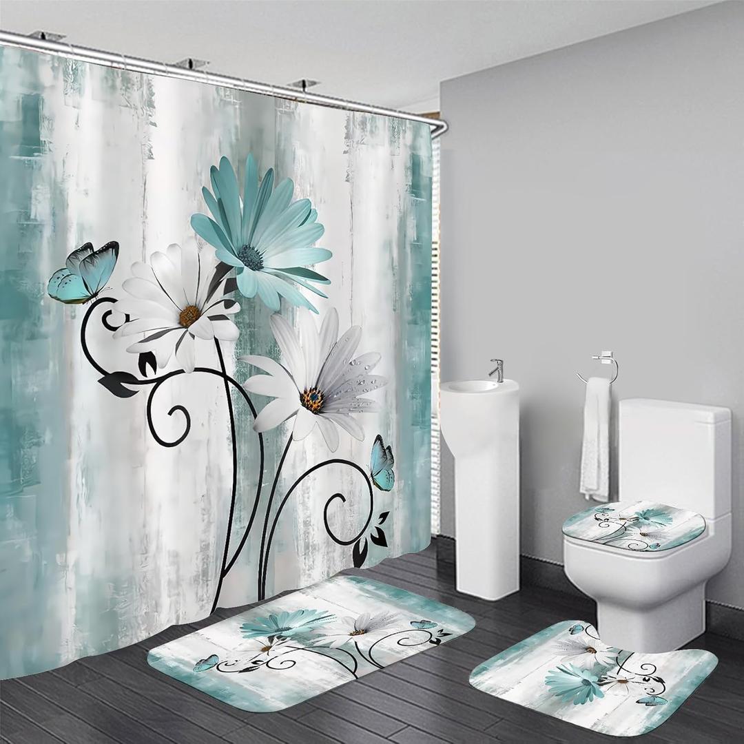 AZHM Rustic Farmhouse Shower Curtain Set 4pcs Farm Teal Daisy Floral Bathroom Decor Set with Shower Curtain and Rugs and Accessories (Green)