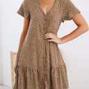 Imysty Womens Polka Dot V Neck Button Down Ruffles Loose Mini Short T-Shirt Dress (Brown, XL)