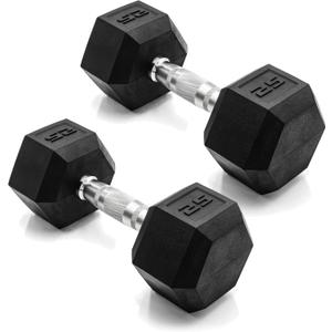 CAP Rubber Coated Dumbbell Weights, Free Weights for Home Gym Strength Training, Anti-Roll Hex Dumbbells with Black, Chrome & Comfort Grip Handles, Pairs & Sets 25lbx2